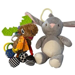 Lamaze moose stroller baby toy and Kellytoy Gray Pink Plush Bunny stroller Toy